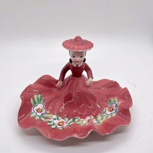 Vtg Girl Lipstick Trinket  Ceramic Dish Pink Floral